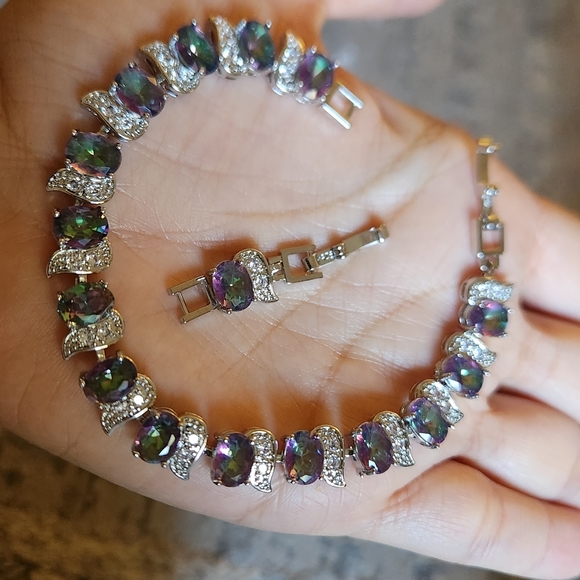 New 925 Silver Oval Cut Mystic Topaz Diamond Bracelet for Women with Extention - Picture 9 of 11
